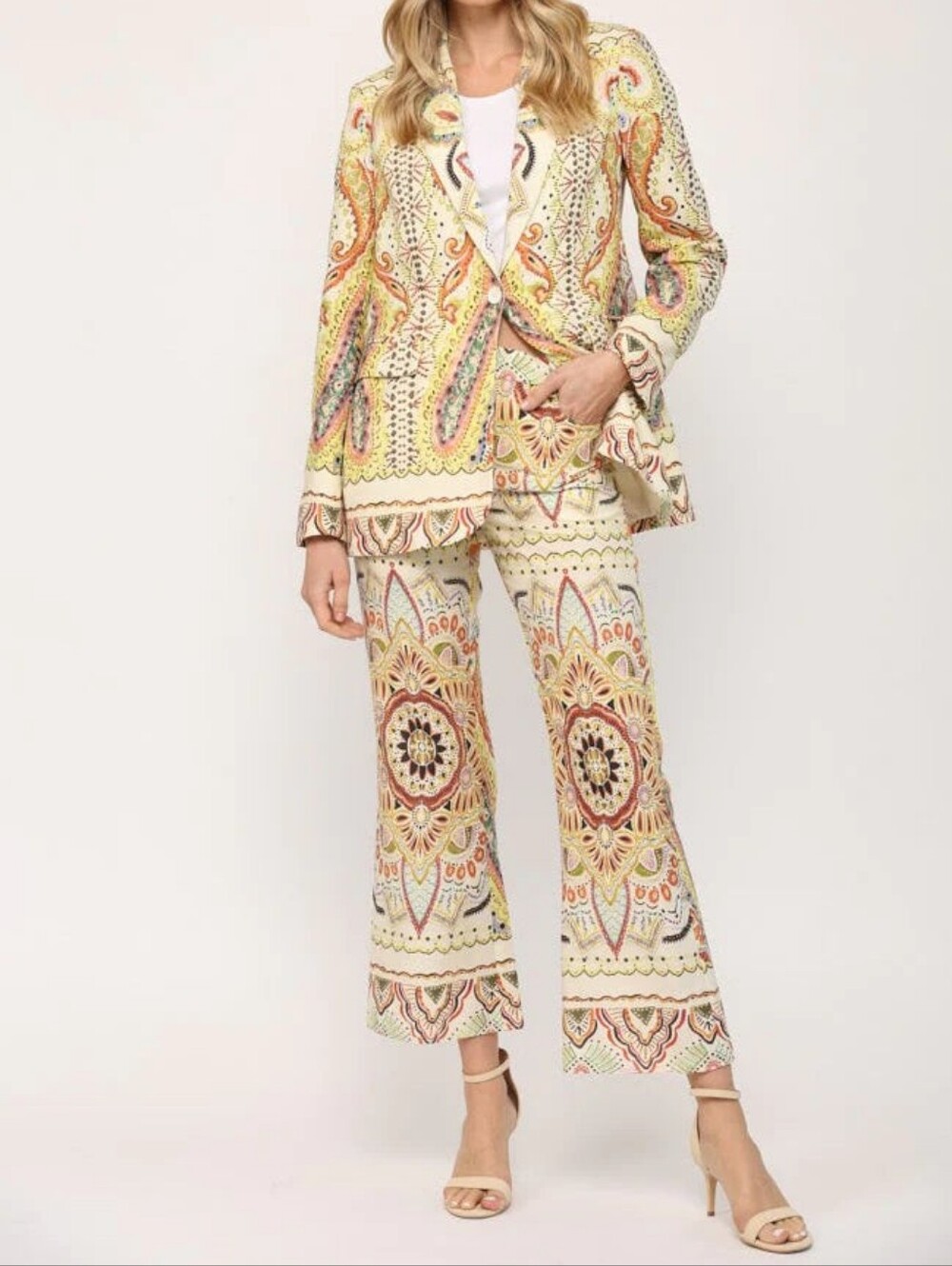 Zara Paisley Print Cotton Linen Blend Blazer Pant Set